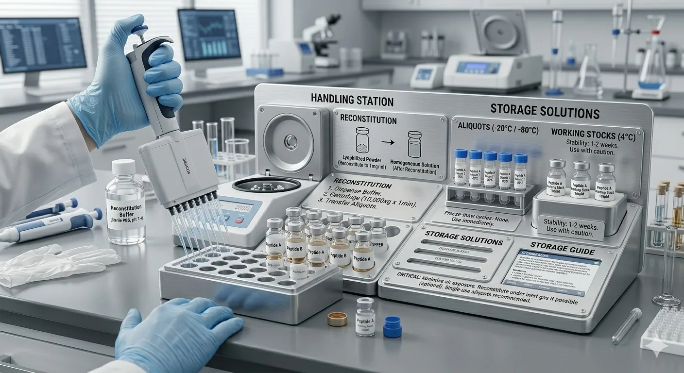 Laboratory reconstitution and storage of a lyophilized peptide