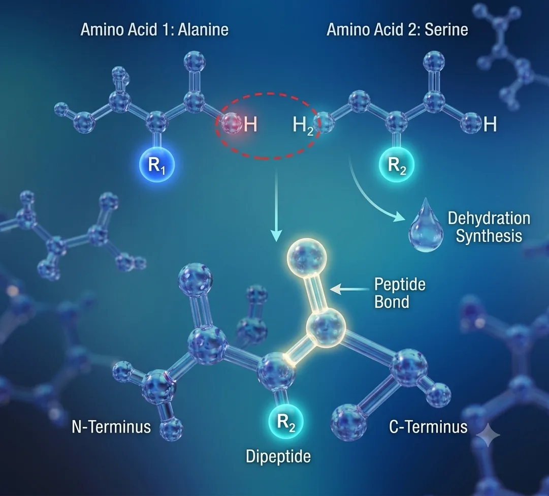 Diagram of a peptide bond forming between two amino acids