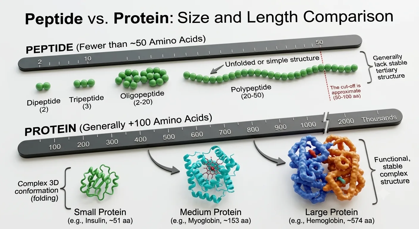 Size and length comparison between a peptide and a protein